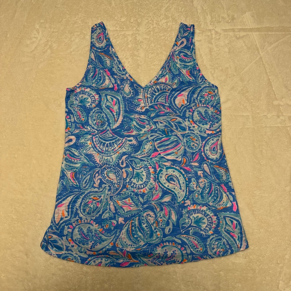 Lilly Pulitzer Womens Tank Top Size XS‎ Blue Paisley Floral Fish Beach V-Neck